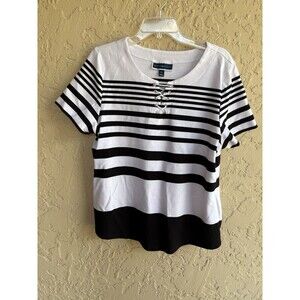 Karen Scott Womens Black White Striped Boat Neck Woman’s XL Laced Up Neck Blouse